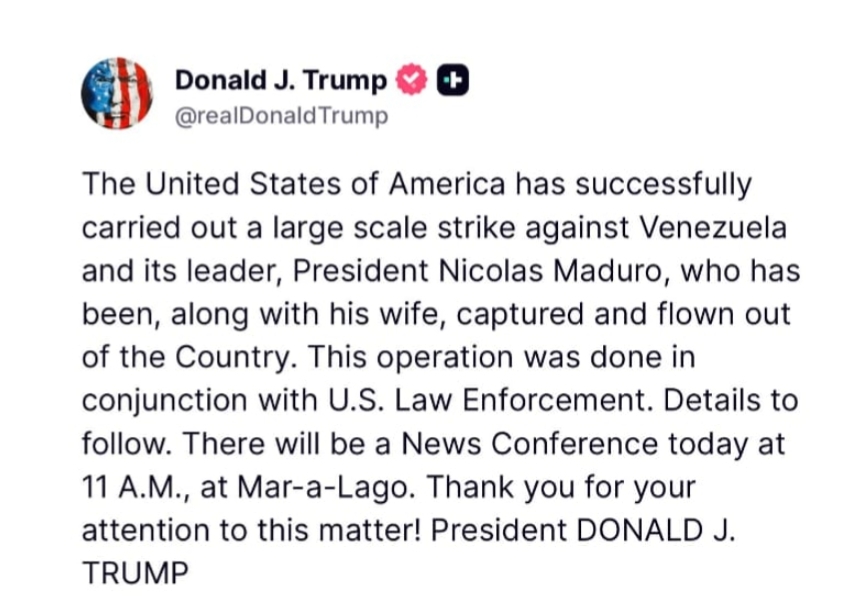 वेनेजुएला के खिलाफ अमेरिका की सैन्य कार्रवाई, राष्ट्रपति मादुरो व उनकी  पत्नी को हिरासत में लेने का दावा -
